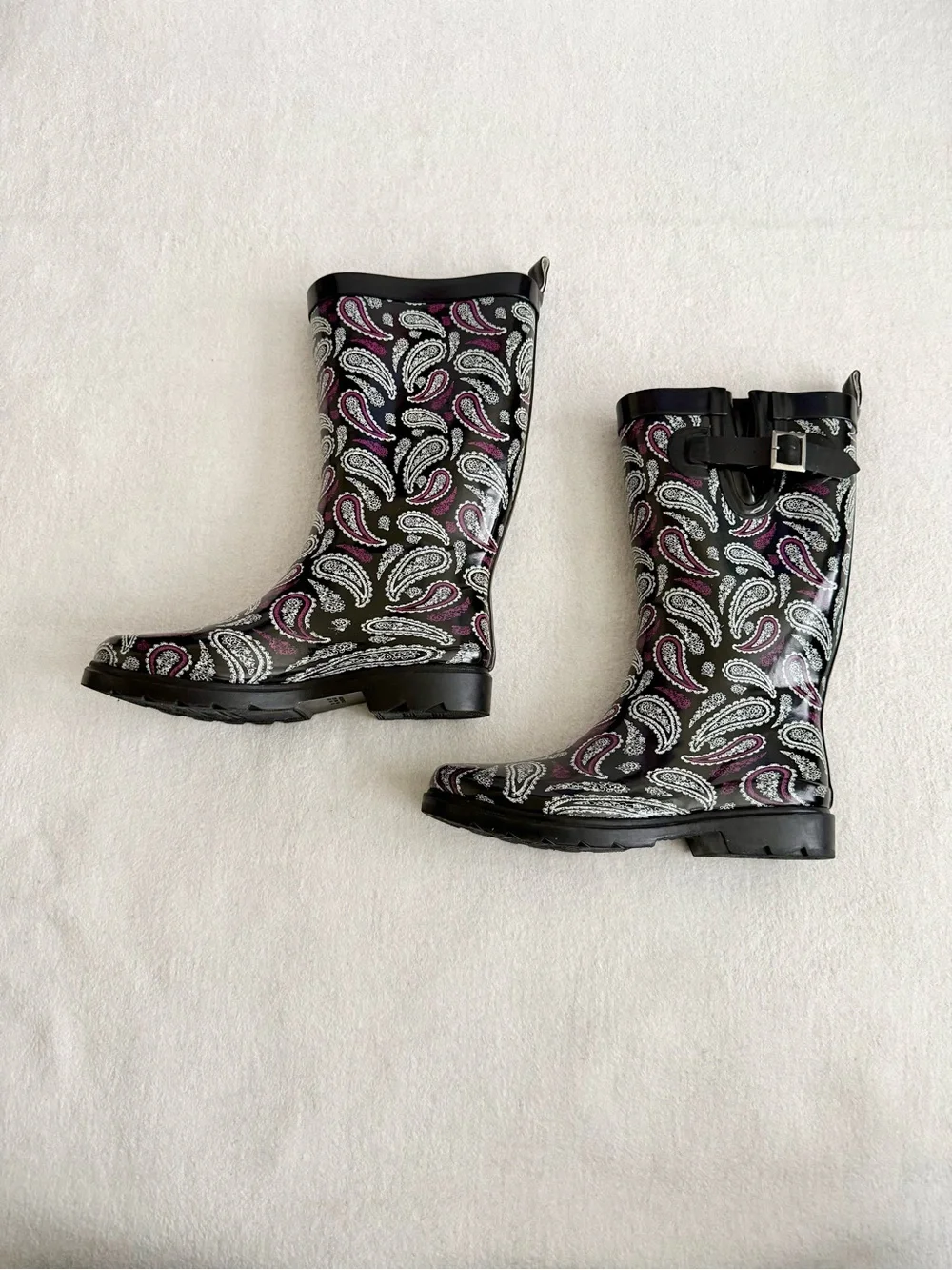 Paisley Rubber Rain Boots Black Purple Size 8 Tall Waterproof Outdoor